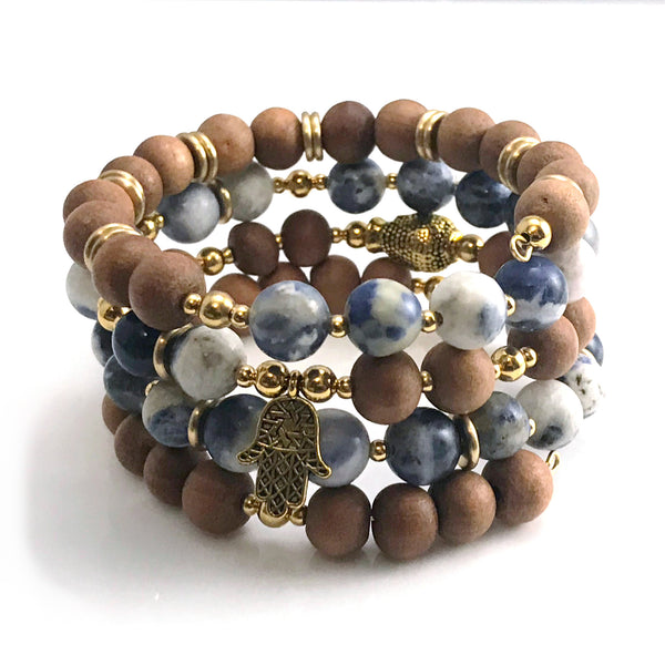 Blue Sodalite, Crystal & Sandalwood Coil Bracelet