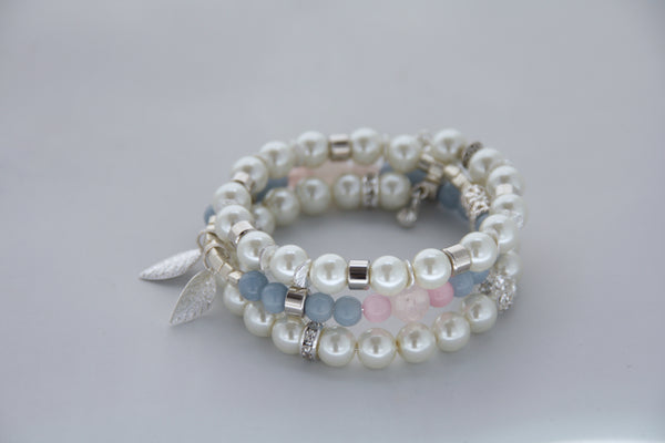 Pearl, Rose Quartz and Angelite Memory Wire Wrap Bracelet