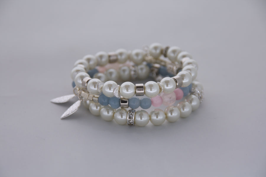 Pearl, Rose Quartz and Angelite Memory Wire Wrap Bracelet