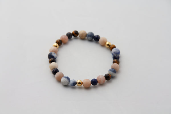Sunstone, Blue Sodalite, and Gold Stretch Bracelet